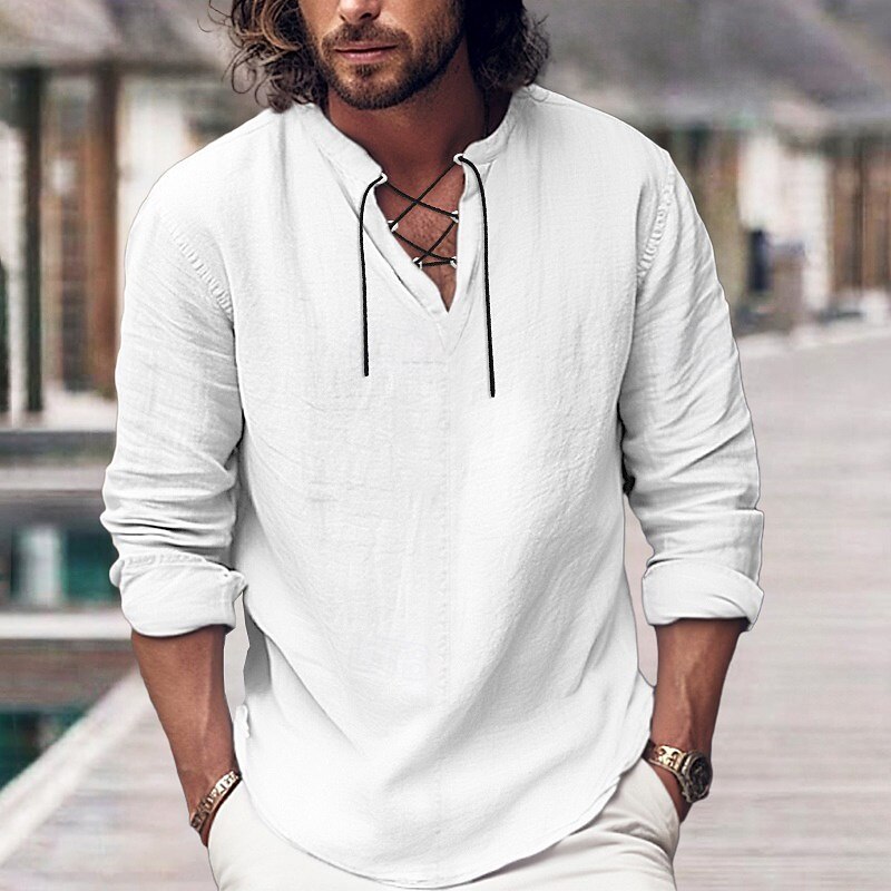 Men's Shirt Linen Shirt Viking Style Pirate Shirt Summer Shirt Beach Wear Black White Pink Blue Long Sleeve Plain V Neck Spring & Summer Casual Daily Clothing Apparel Lace up