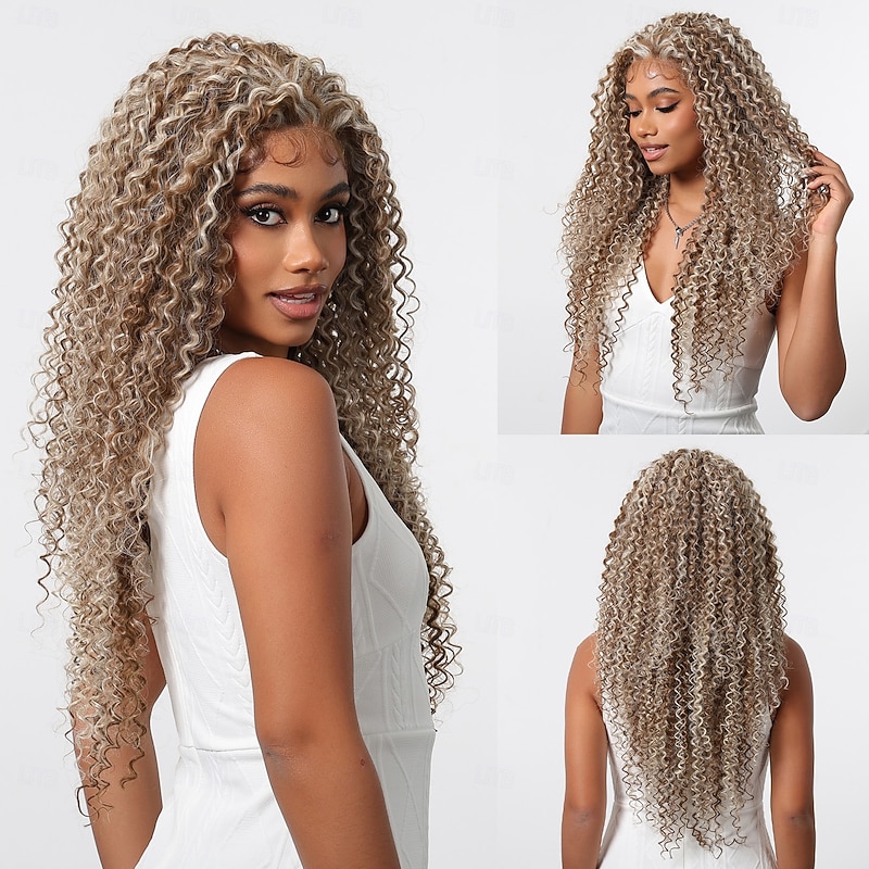 Synthetic Lace Wig Curly Style 28 inch Light Brown Middle Part 13x6 Lace Front Wig Women's Wig Brown / White