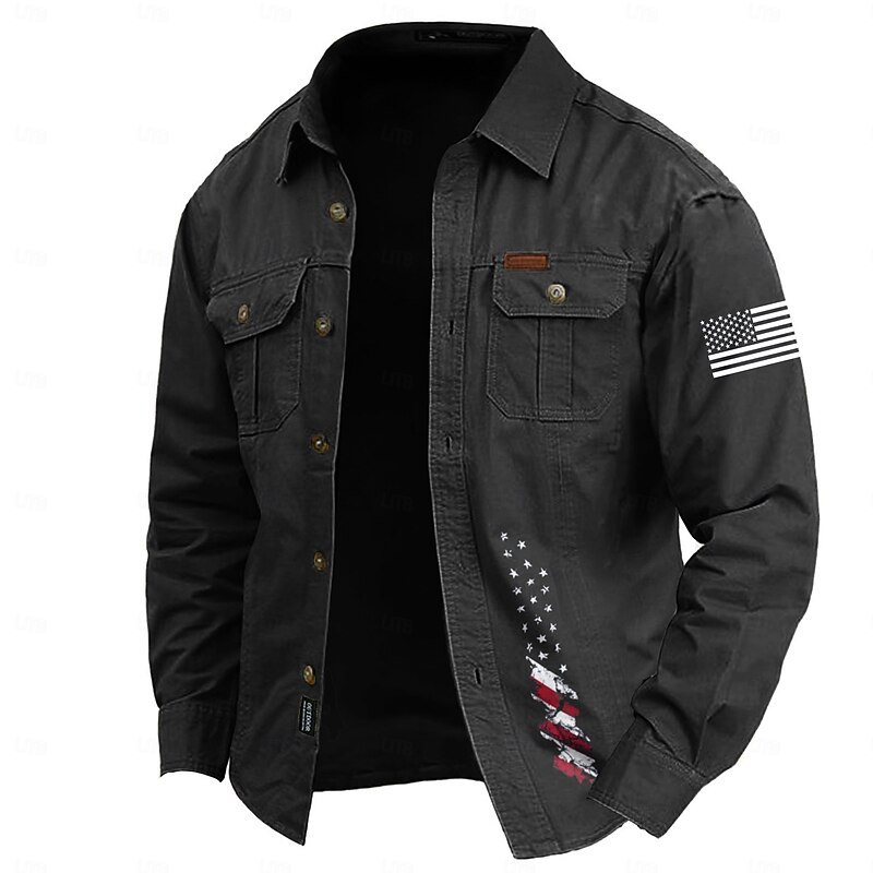 Men's American US Flag Work Shirt Western Shirt Cargo Shirt Long Sleeve Casual Tactical Sports & Outdoor Going out Winter Spring &  Fall Turndown Print Black Army Green Blue Khaki