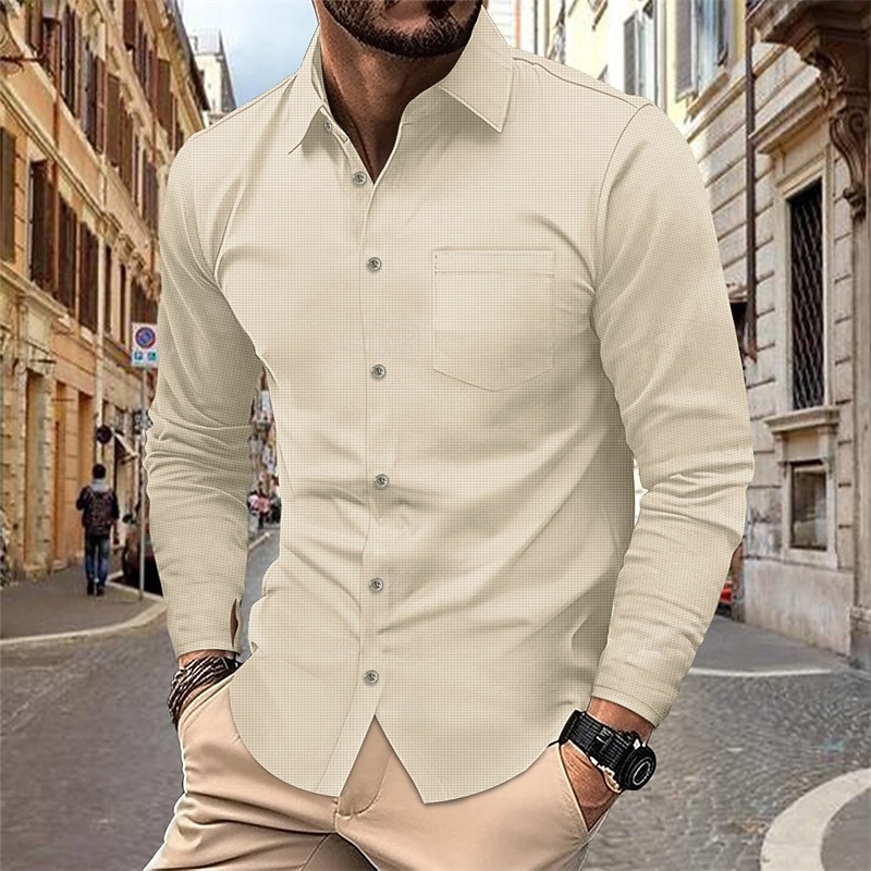 Men's Shirt Waffle Shirt Summer Shirt Casual Shirt Beach Shirt Button Up Shirt Black White Blue khaki Gray Long Sleeve Plain Lapel Vacation Hawaiian Button-Down Clothing Apparel Polyester Fashion