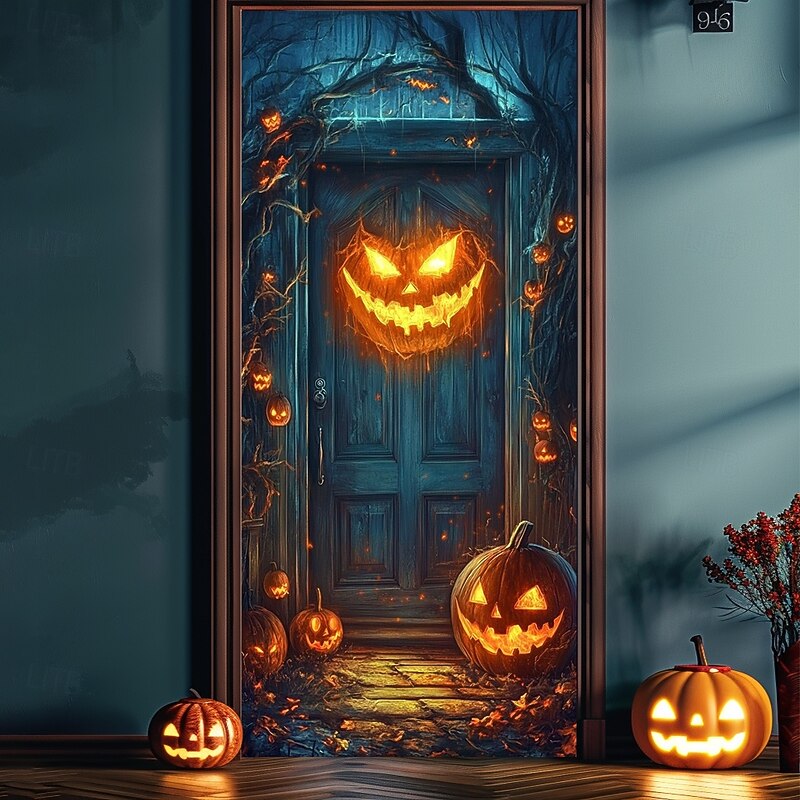 Halloween Door Decorations Door Covers Jack O Lantern Pumpkin Door Curtain Door Tapestry Decoration Backdrop Door Banner for Front Door Farmhouse Holiday Party Indoor Outdoor Decor Supplies 7