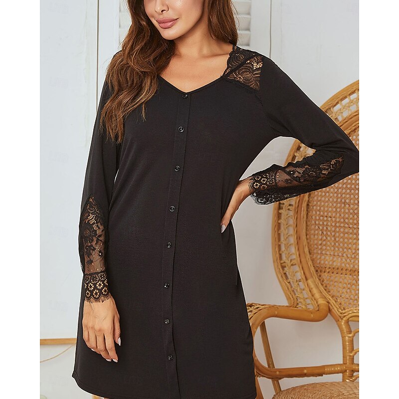 Women's Pajamas Nightgown Pure Color Casual Comfort Home Daily Bed Comfort V Neck Long Sleeve Button Lace Spring Fall Black Light Grey Home Outfits4