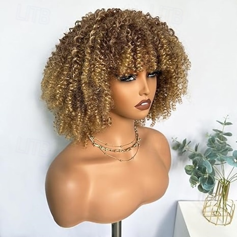Afro Kinky Curly Wigs for Black Women Short Natural Black Curly Afro Wig with Bangs Synthetic Glueless Full Wig Heat Friendly Afro Bomb Curly Womens Wig