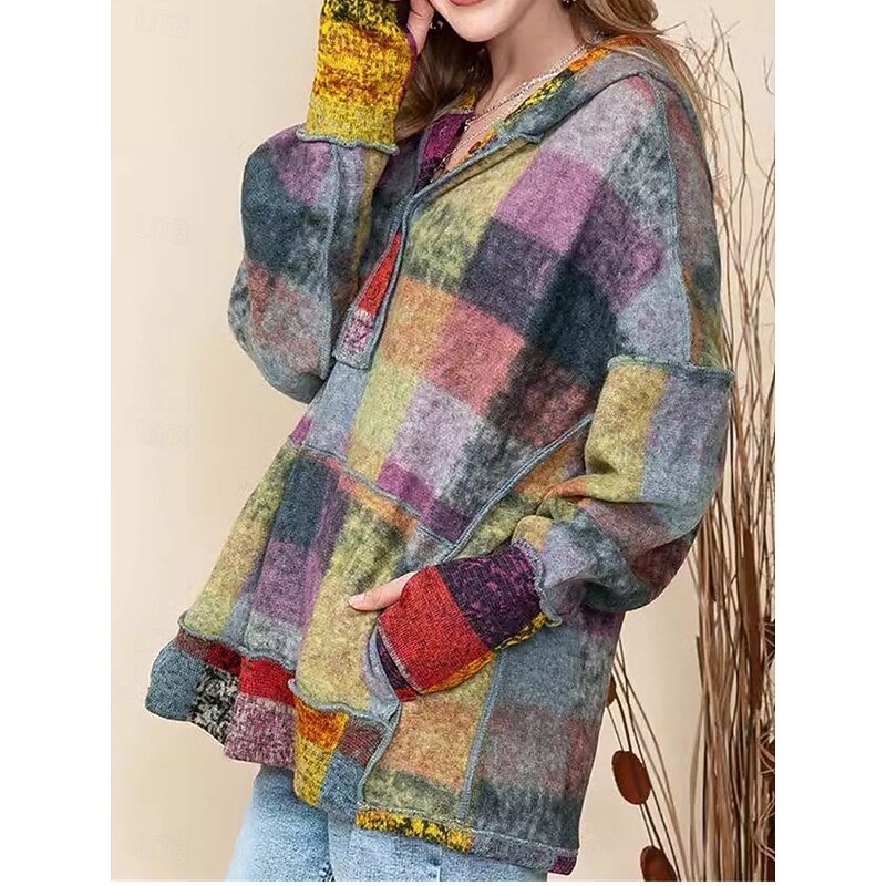 Women's Hoodie Sweatshirt Active Fashion Streetwear Plaid Street Dailywear Casual Hoodie Buttons Pocket Print Long Sleeve Green Fall Winter3