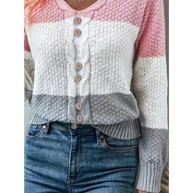 Women's Sweater Casual Color Block Cable Crew Neck Knitted Long Sleeve Regular Tops Knit Daily Pink Spring Fall3