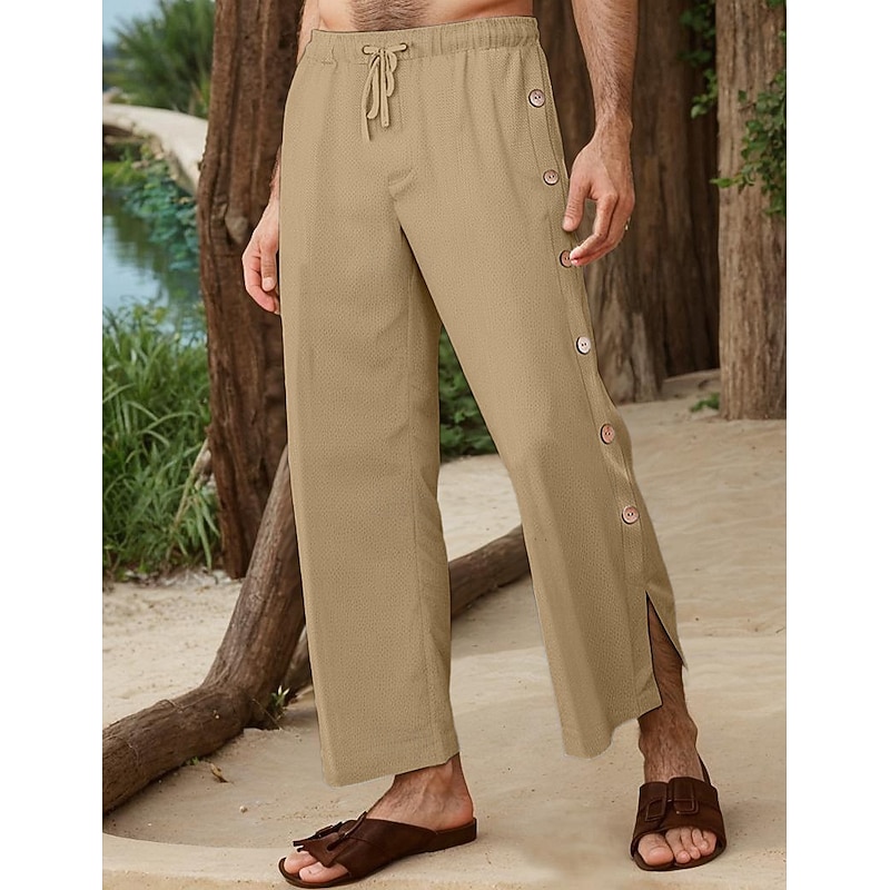 40% Linen Men's Linen Pants Trousers Summer Pants Drawstring Elastic Waist Side Button Plain Comfortable Breathable Vacation Office / Career Daily Classic Casual Black White Micro-elastic3