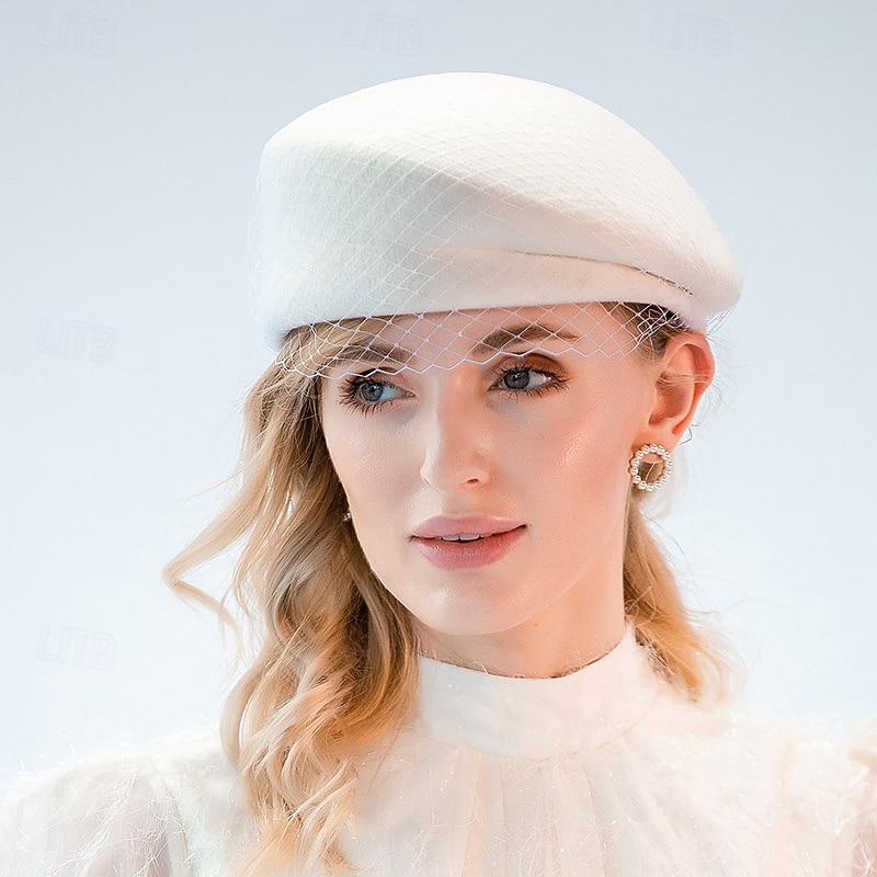Hats 100% Wool Beret Hat Bowler / Cloche Hat Wedding Evening Party Elegant Wedding With Cap Tulle Headpiece Hea