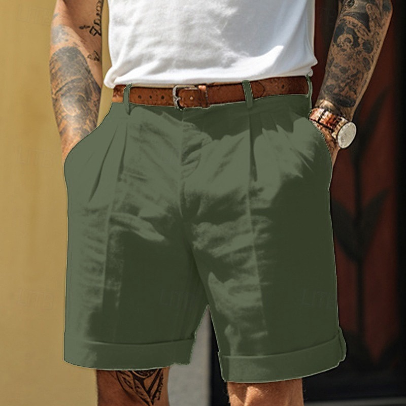 Men's Shorts Linen Shorts Dress Shorts Summer Shorts Pleated Shorts Pocket Pleats Straight Leg Plain Comfort Breathable Short Casual Daily Holiday Fashion Designer Black White4