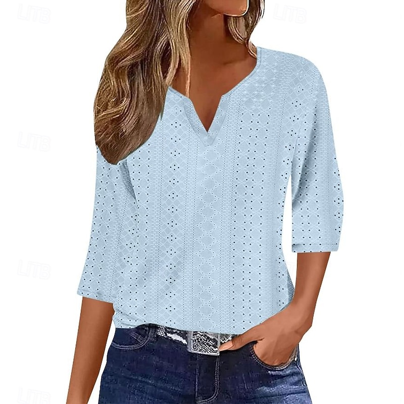 Women's Blouse Stylish Modern Hollow Out 3/4 Length Sleeve Regular Tops V Neck Work Daily Yellow Blue Purple Green Spring Fall