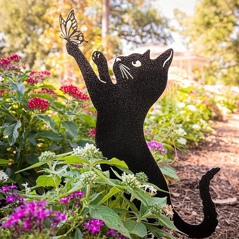 Cat Metal Silhouette Statue Iron Black Cats Stake Animal Floor Plug Decoration Crafts Yard Garden Art Signs for Cat Lovers Gifts for Lawn Farm Flowerbed