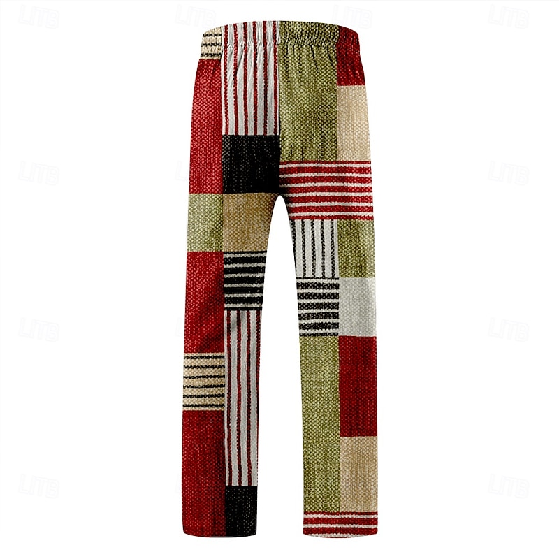 Men's Casual Pants Drawstring Pocket Straight Leg Geometric Color Block Patchwork Vacation Casual Pink Red Inelastic2