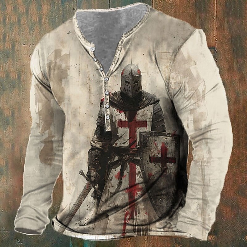 Men's Halloween Knights Templar Christian T Shirt Henley Shirt Long Sleeve 3D Print Designer Retro Vintage Street Casual Daily Summer Spring Fall Khaki Henley Henley T-Shirt