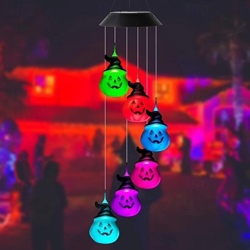 1pc Solar Outdoor Halloween Black Hat Pumpkin Wind Chime Lights, Solar Power Supply Discoloration Garden Theme Party Haunted Party Garden Courtyard Outdoor Bar Halloween Decorations