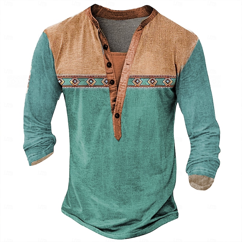 Men's Tribal T Shirt Henley Shirt Long Sleeve 3D Print Designer Retro Vintage Street Casual Daily Summer Spring Fall Lake Blue Navy Blue Brown Green Gray Henley Henley T-Shirt4