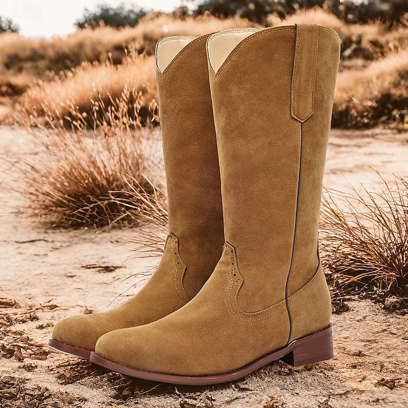 Men's Brown Suede Western Cowboy Boots with Pull Tabs and Classic Stitching - Vintage Style Mid-Calf Boots