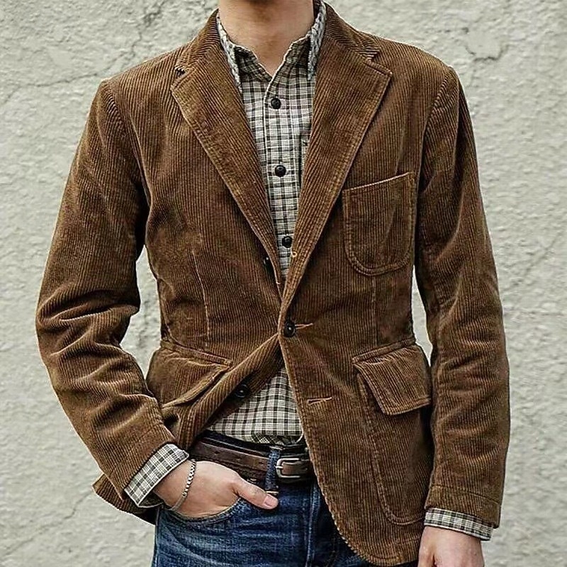 Men's Corduroy Jacket Outdoor Work Daily Pocket Warm Fashion Fall & Winter Polyester Solid Color Pocket Buttons Single Breasted Blazer Black Brown