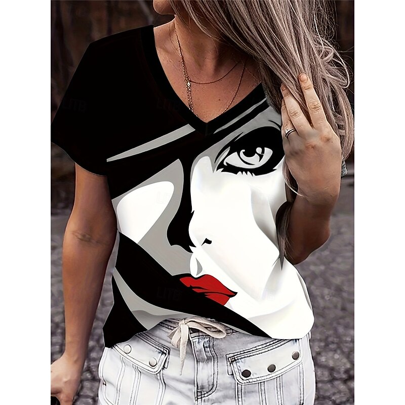 Women's T shirt Crew Neck Long Sleeve Tunic Casual Print Short Sleeve Regular Tops Daily Black Summer4