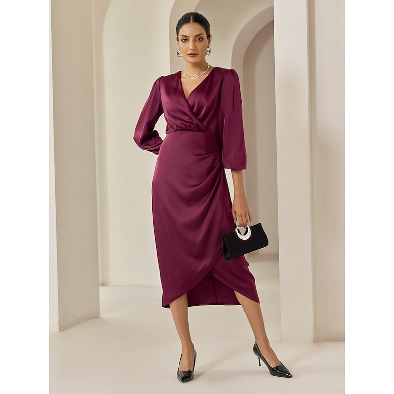 Women's Satin Dress Elegant Dress Burgundy 3/4 Length Sleeve Solid Color Ruched Wrap Spring &  Fall Cross-Seasons Elegant Party / Evening Party S M L