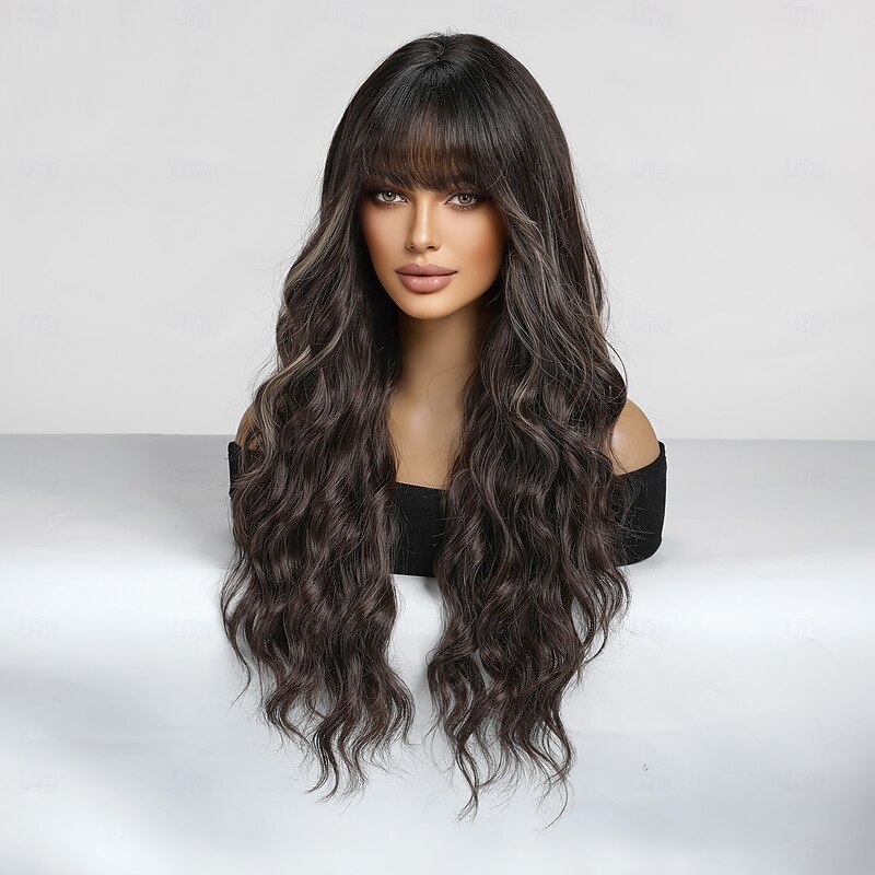Synthetic Wig Curly Wavy Neat Bang With Bangs Wig 26 inch Dark Brown Synthetic Hair Women's Ombre Hair Comfy With Bangs Light Brown2