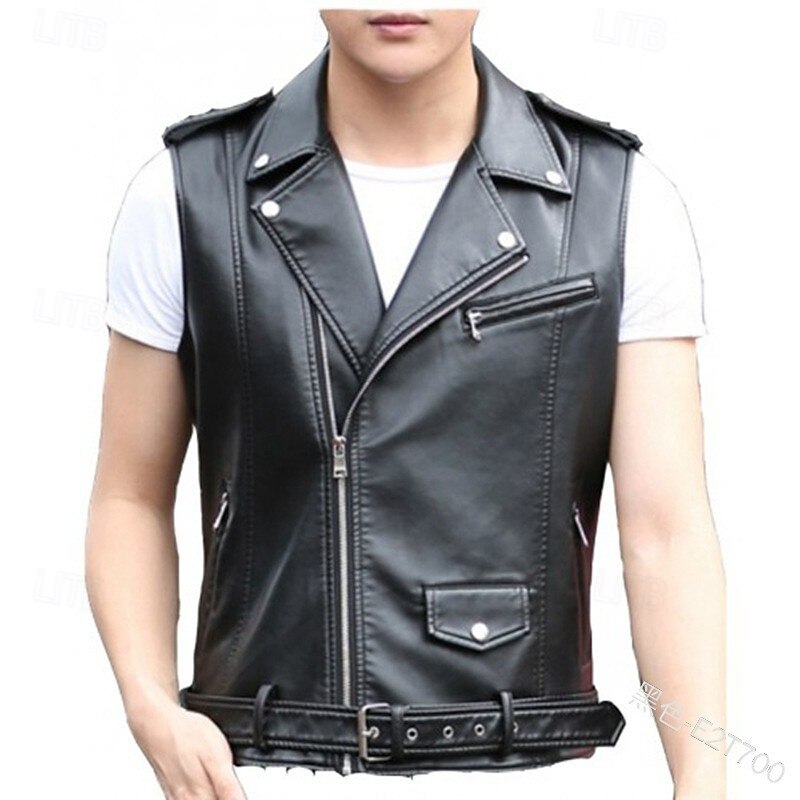 Men's Vest Gilet Leather Vest Daily Date Vacation Fashion Casual Spring &  Fall Button Pocket Polyester Comfortable Plain Zipper Lapel Regular Fit Black Vest4