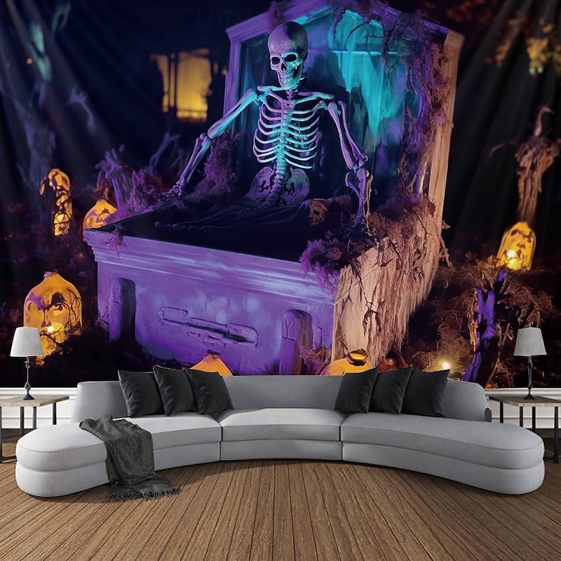 Halloween Decorations Skeleton Blacklight Tapestry UV Reactive Glow in the Dark Glow Party Trippy Misty Pumpkin Lights Hanging Tapestry Wall Art Mural for Living Room Bedroom4
