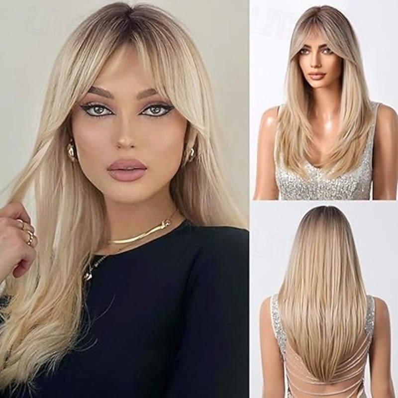 Wigs for Women Highlight Wig with Bangs Layered Long Straight Natural Hair Synthetic Wig
