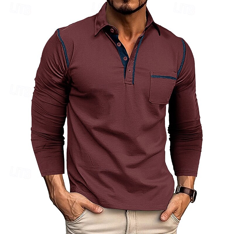 Men's Golf Shirt Golf Polo Work Casual Lapel Long Sleeve Basic Modern Color Block Patchwork Button Spring &  Fall Regular Fit Wine Black Army Green Royal Blue Dark Gray Brown Golf Shirt
