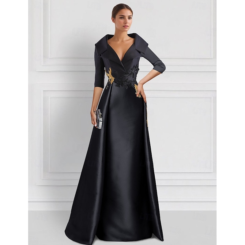 Red A-Line Vintage Embroidered Evening Gown Elegant Dress Tuxedo Dress Formal Floor Length 3/4 Length Sleeve Shirt Collar Satin with Appliques