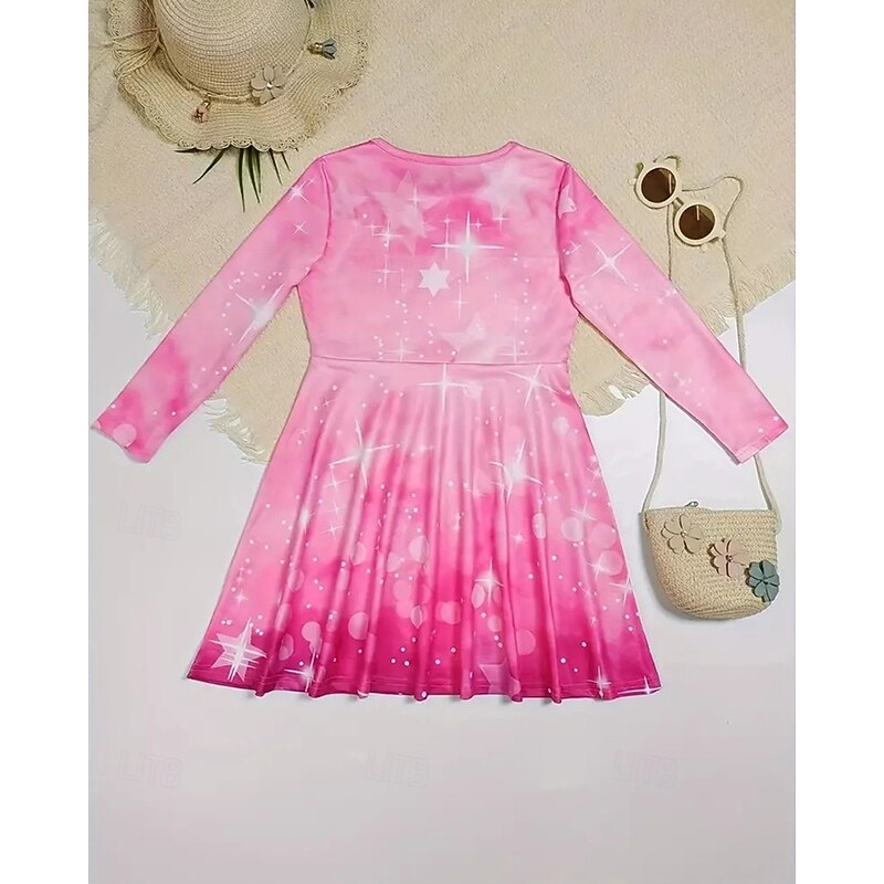 Girls' 3D Graphic Stars Dress Long Sleeve Summer Spring Vacation Daily Holiday Princess Beautiful Sweet Kids 4-12 Years Casual Dress A Line Dress Knee-length Regular Fit3