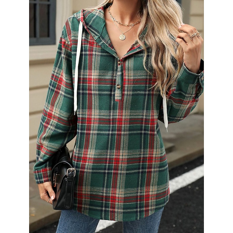 Women's Hoodie Sweatshirt Casual Textured Geometric Plaid Hooded Loose Fit Long Sleeve Dark Green Spring Fall Winter