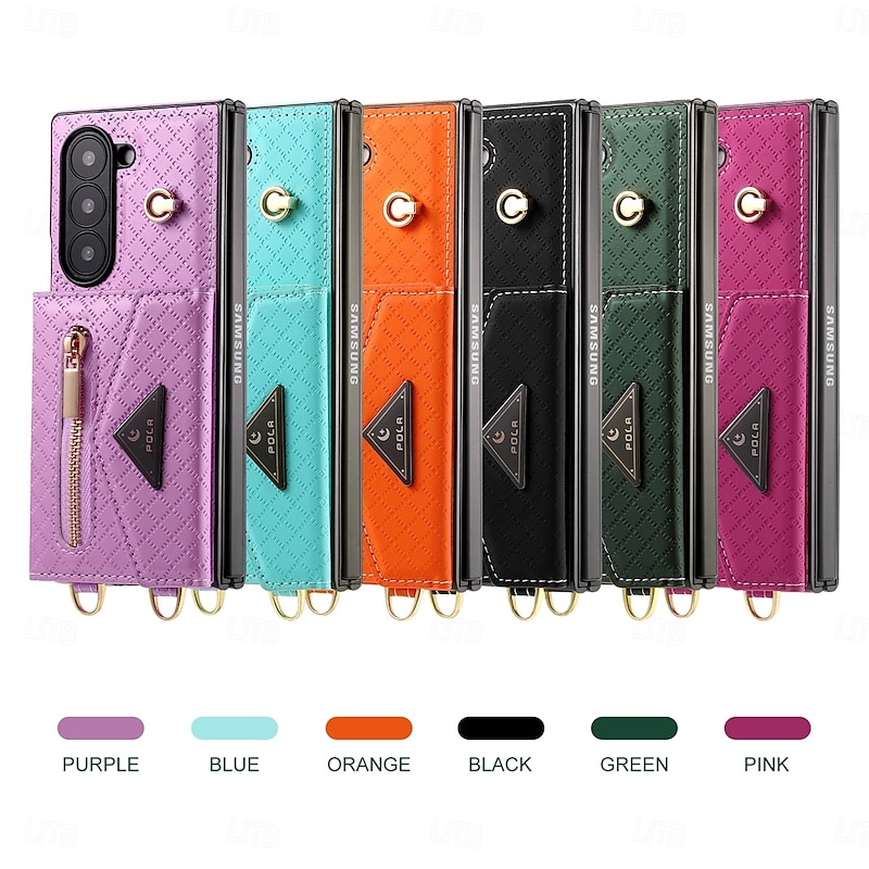 Phone Case For Samsung Galaxy Z Fold 6 Wallet Case with Stand Holder Zipper with Lanyard Retro Genuine Leather TPU