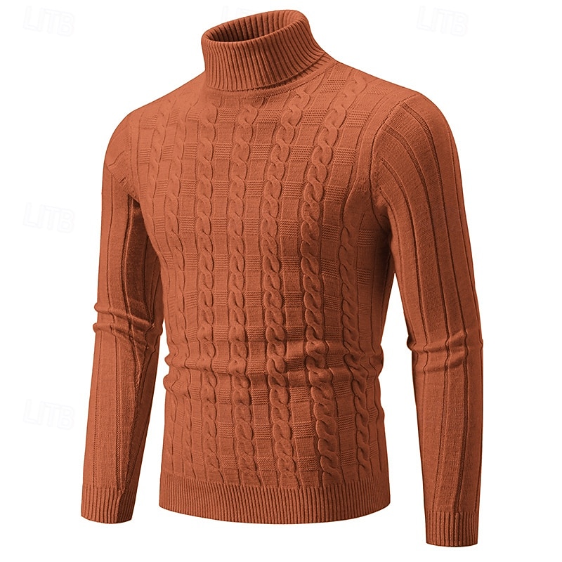 Men's Turtleneck Sweater Sweater Pullover Sweater Jumper Mens Turtle Neck Jumper Cable Knit Knitted Solid Color Turtleneck Stylish Vintage Style Daily Date Clothing Apparel Fall Winter caramel Black2