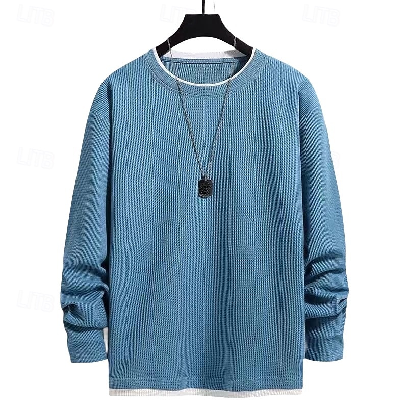 Men's T Shirt Tee Waffle Knit Tee Tee Top Long Sleeve Crew Neck Spring &  Fall Plain Fashion Designer Basic Vacation Street Going out Black Blue Light Grey Top Tee for Men3