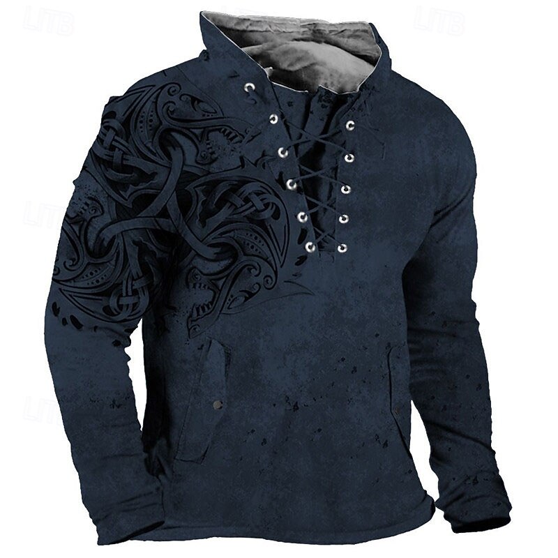 Men's Viking Warrior Graphic Prints Sweatshirt Pullover Long Sleeve Sweatshirt Standing Collar Streetwear Designer Basic 3D Print Sports & Outdoor Casual Daily Lace up Spring &  Fall4