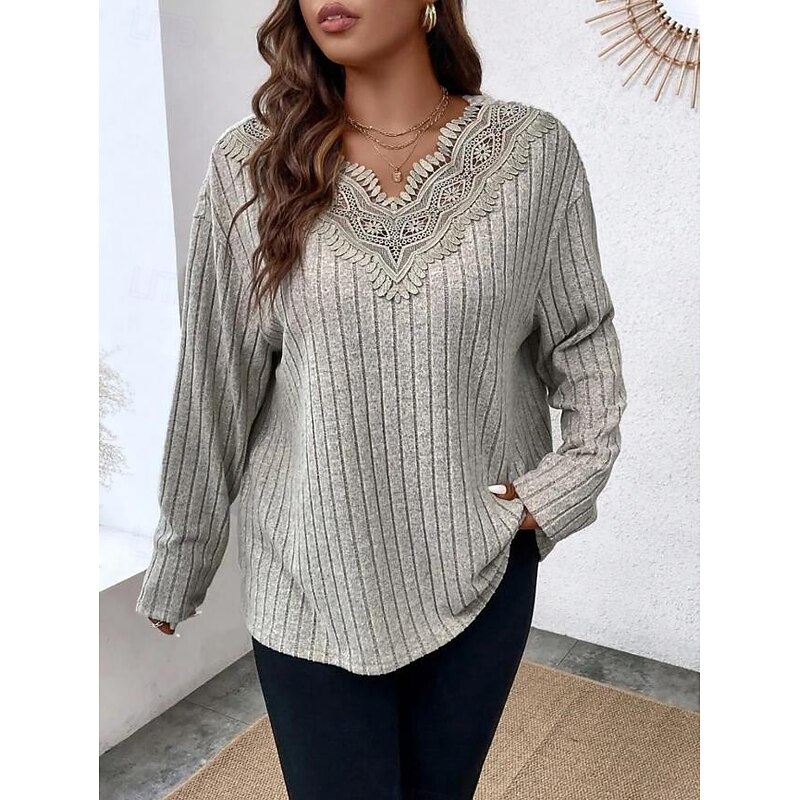 Women's Elegant Lace Tops Eyelet Blouse Stylish Modern Lace Long Sleeve Regular Tops V Neck Work Daily Romantic Petite Tops Summer Holiday Wear Gray Spring Fall4