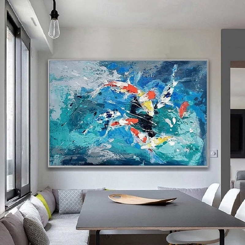 Handmade large koi painting Hand Painted Wall Art koi fish painting Colorful Koi art koi painting wall art knife art painting Home Decoration Decor animal painting Goldfish painting