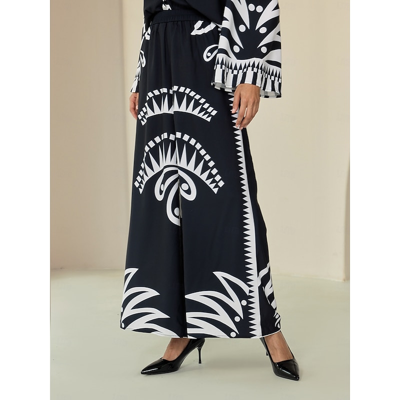 Women's Wide Leg Pants Black Satin Full Length Printing Casual Daily Spring Summer Fall
