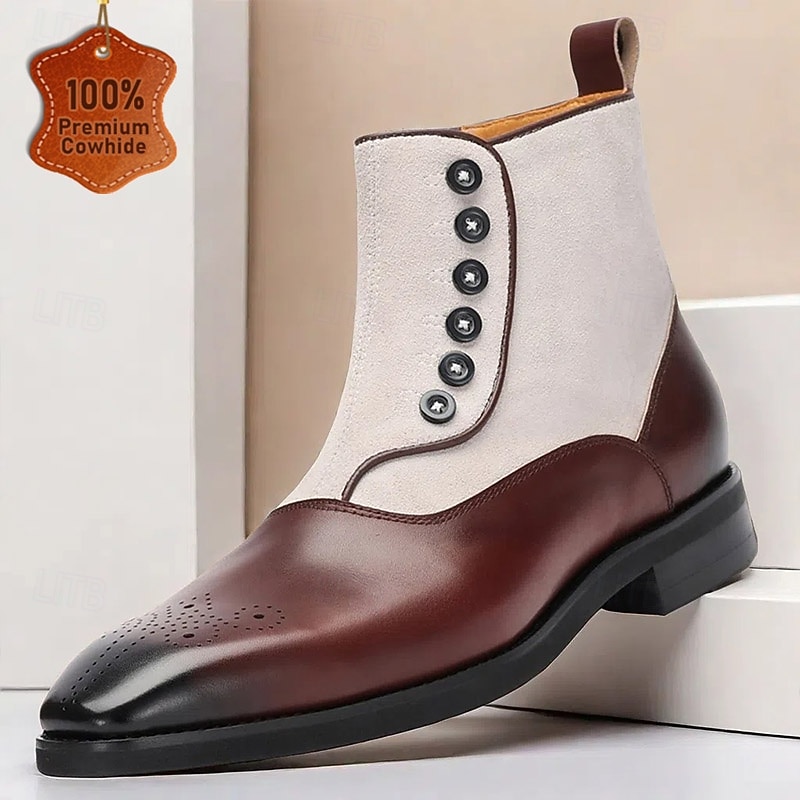 Men's Two-Tone Premium Cowhide Button-Up Suede Ankle Boots – Vintage Brogue Design, Ideal for Retro Events & Sophisticated Casual Wear