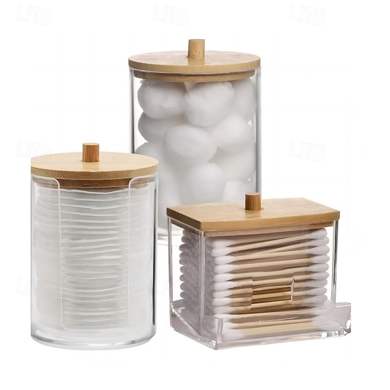 3PCS Cotton Swab Holder Set with Vanity Tray - Clear Apothecary Jar, Qtip/Ball/Pad Storage, Bathroom Containers Dispenser2