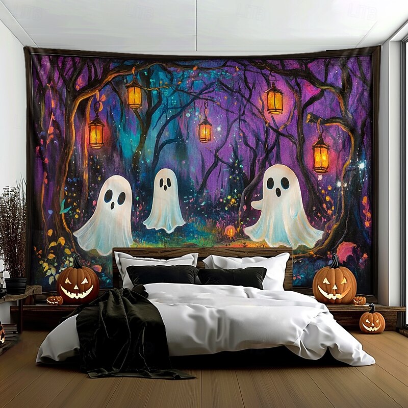 Halloween Decorations Hanging Tapestry Wall Art Large Tapestry Ghosts Forest Lighting Mural Decor Photograph Backdrop Blanket Curtain Home Bedroom Living Room Decoration4