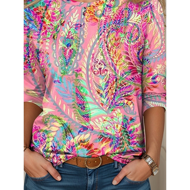 Women's T shirt Long Sleeve Casual Print Regular Tops Daily Pink Spring Fall Prefall3