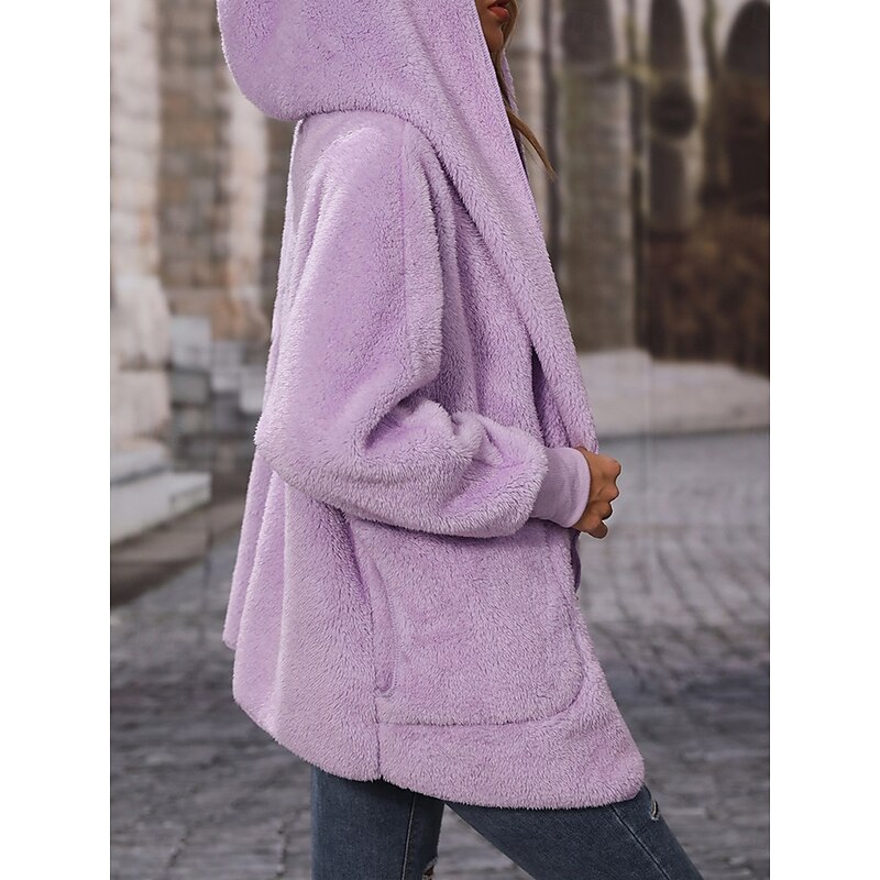 Women's Fleece Jacket Teddy Coat Hoodie Jacket Warm Breathable Pocket Fleece Lined Casual Plain Vacation Street Daily Wear Going out Open Front Hoodie Regular Fit Long Sleeve Outerwear Black Purple4