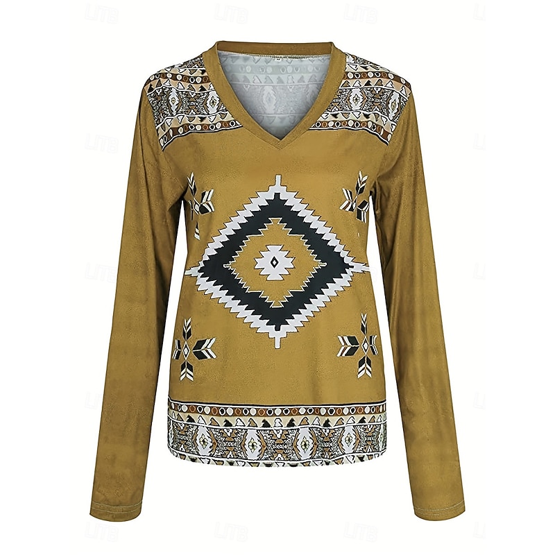 Women's T Shirt V Neck Long Sleeve Tunic Vintage Ethnic Print Regular Tops Vacation Yellow Pink Navy Blue Spring Fall4