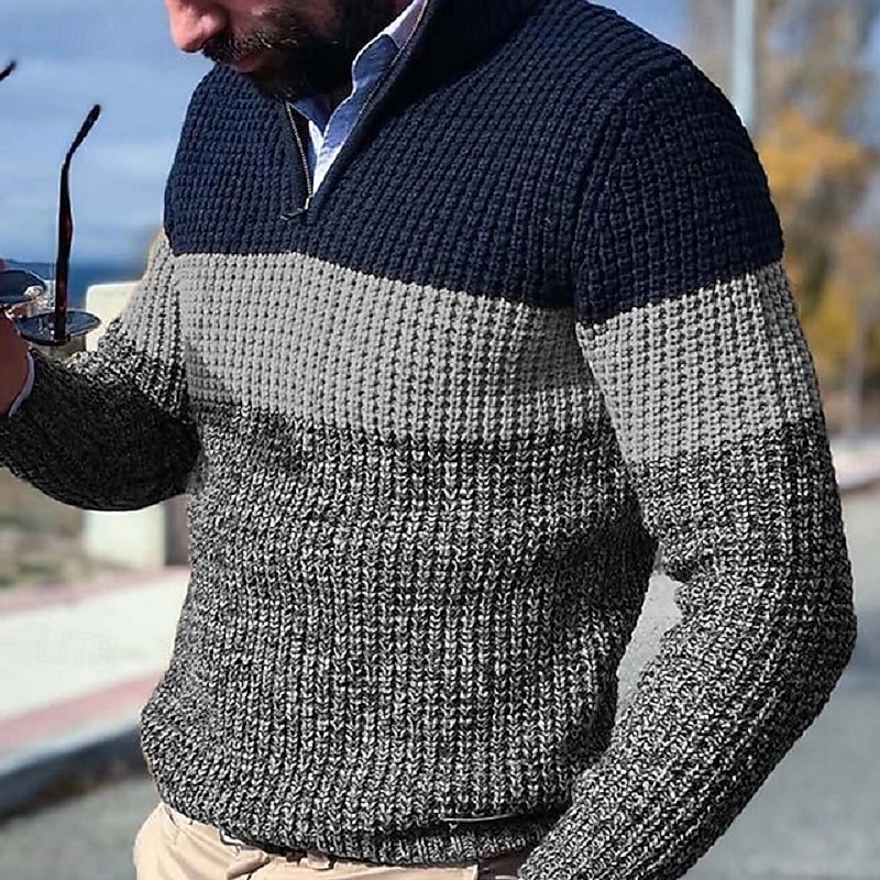 Men's Pullover Sweater Jumper Knit Sweater Ribbed Knit Regular Knitted Color Block Quarter Zip Fashion Basic Daily Wear Date Clothing Apparel Fall & Winter Yellow Gray S M L2