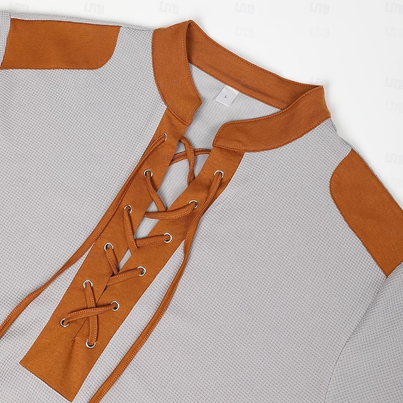 Men's T Shirt Henley Shirt Waffle Knit Tee Tee Top Long Sleeve Shirt Long Sleeve Color Block Fashion Designer Basic Patchwork Stand Collar Vacation Street Going out Spring &  Fall Black Khaki Dark4