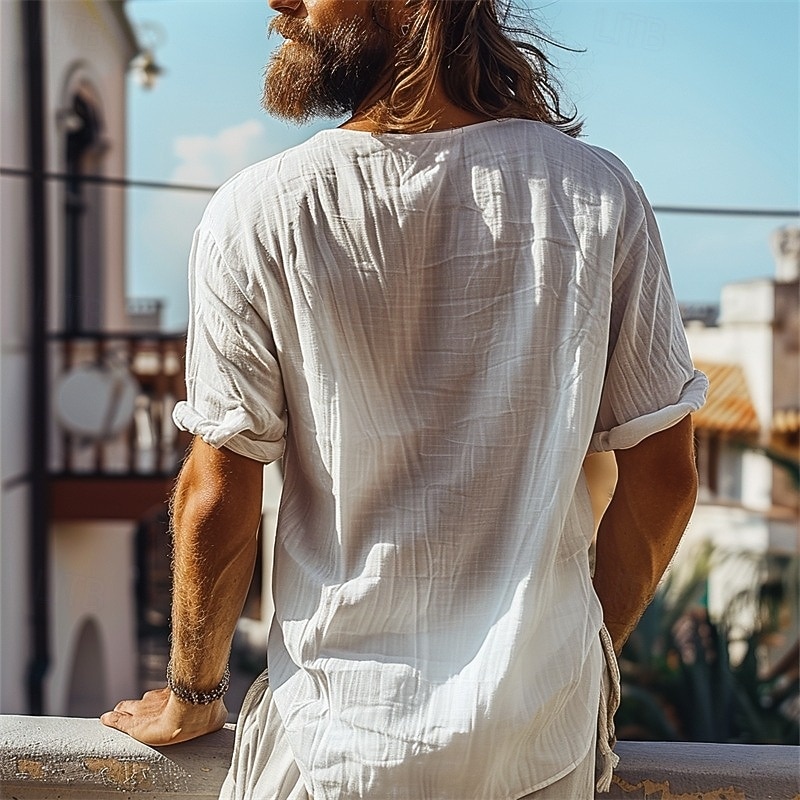 Men's Shirt Linen Shirt Summer Shirt Beach Shirt Solid Color Vacation Curise Black White Short Sleeve Round Neck Summer Spring Clothing Apparel2