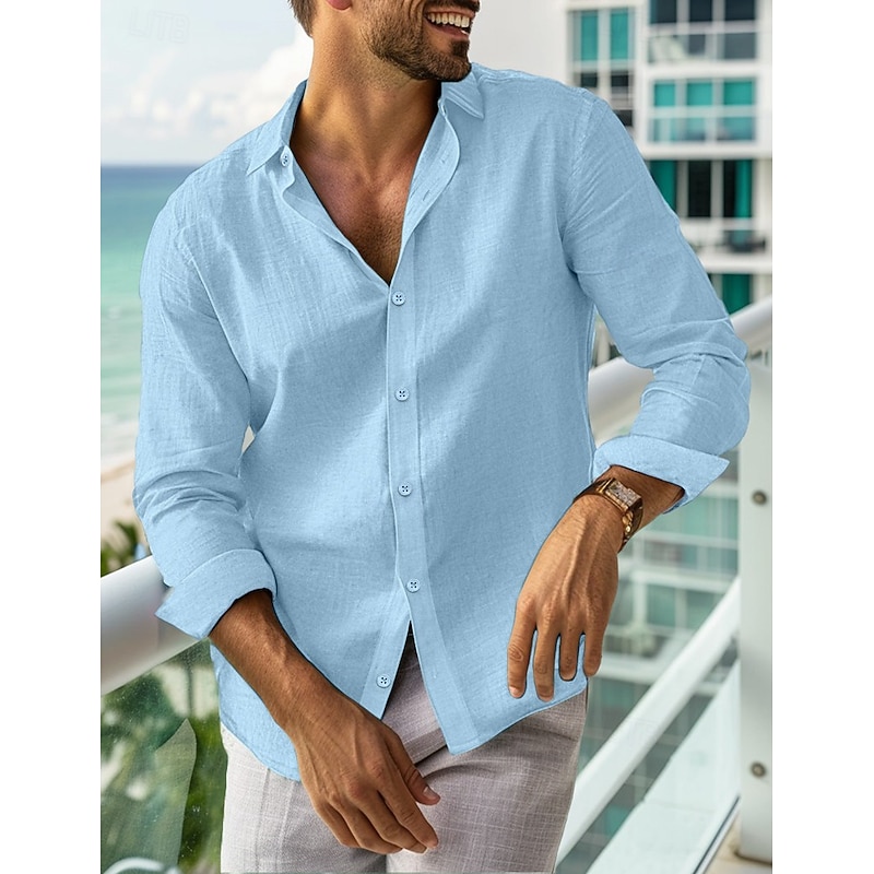 Men's Linen Shirt Summer Shirt Beach Wear Casual Shirt Button Up Shirt Plain Vacation Curise Black White Pink Navy Blue Long Sleeve Lapel Spring & Summer Clothing Apparel3