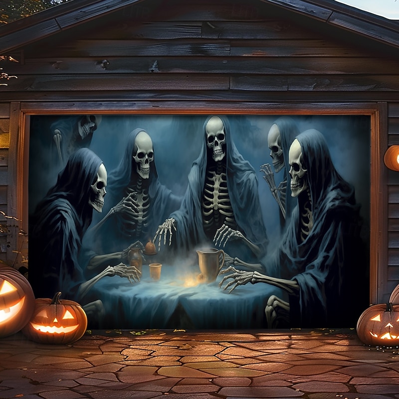Halloween Door Decorations Outdoor Halloween Garage Door Cover Skeletons Banner Large Tapestry Backdrop Decoration for Holiday Outdoor Garage Door Home Wall Decorations 12