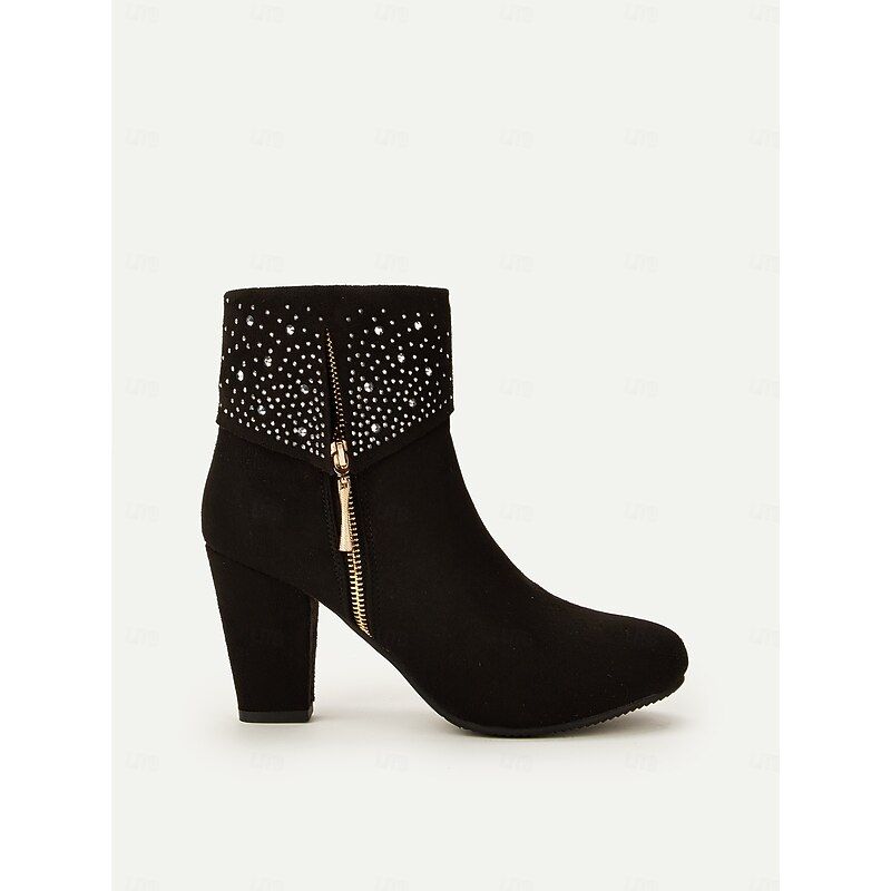 Stylish Black Ankle Boots with Rhinestone Detail - Chic Suede Finish, Side Zipper, Perfect for Evening Outfits and Special Occasions3