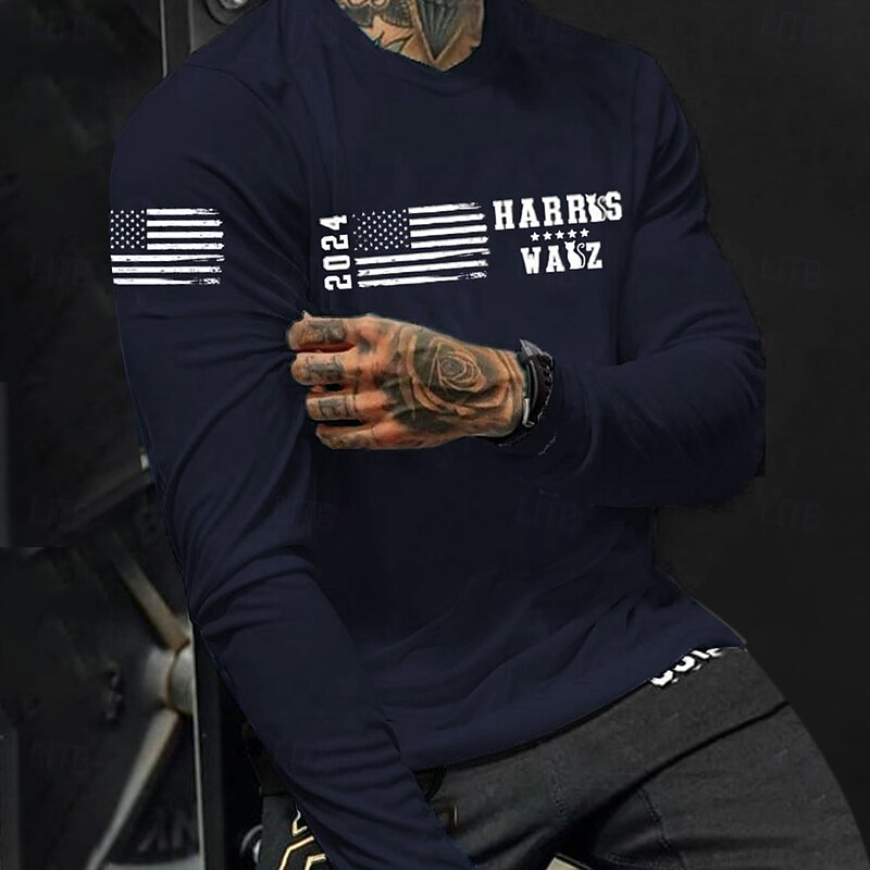 Harris Wasz 2024 Election American Flag Men's Long Sleeve Graphic Tee2
